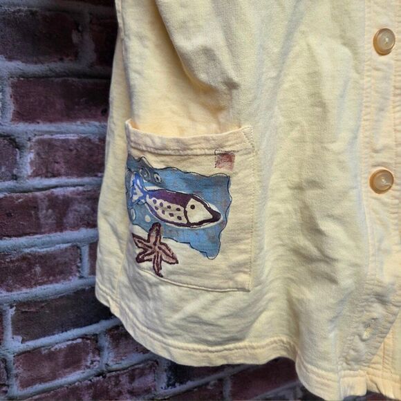 Vintage 90s Viva City Oceanic Art Shirt Large Yellow V Neck Button Down Cotton - Picture 4 of 7